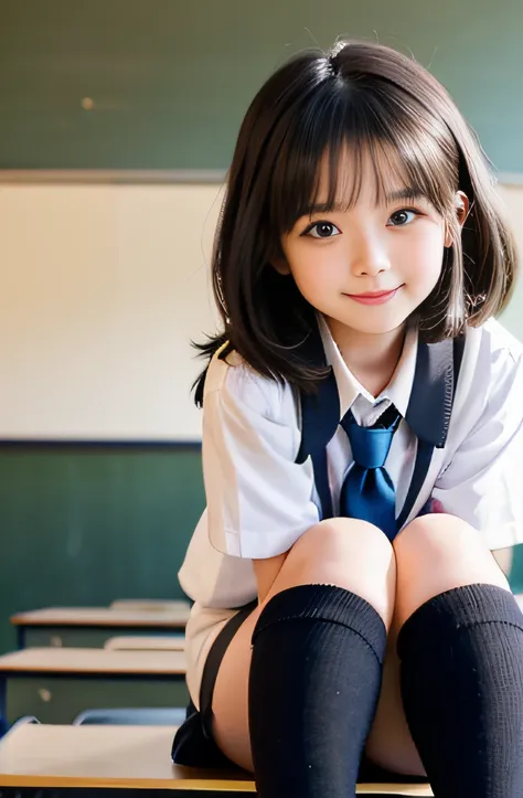 1girl, black hair, (18 years old:1.6),
(on the desk in the classroom of  junior high school:1.5), trees, (naked:1.3), (knee sock...