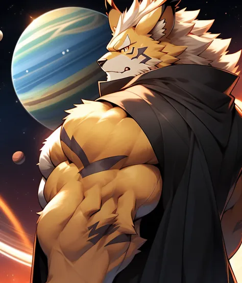 nj5furry, A Leomon, kemono, Body full of huge muscles in a black cloak with his back against the background of planets