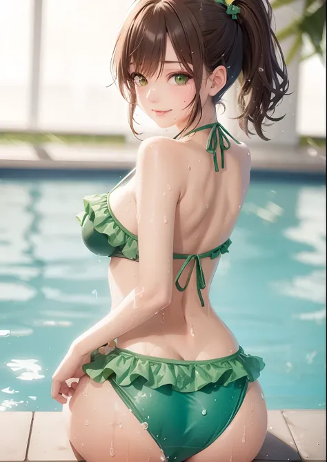 Anime girl in green bikini sitting on the edge of a pool, green bikini, Realistic bikini, green swimsuit, menina anime sedutora, menina anime atraente, menina anime bonita, Cute bikini, lindo anime sedutor adolescente, menina anime bonito, Makoto, mulher b...