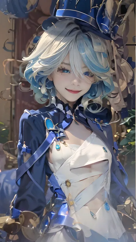 ((Best picture quality, 8K, tmasterpiece:1.3)), 1 girl like. Furina Beautiful woman with slender abs:1.3, (white blue hairstyle like a furina in genshin impact, curently breasts:1.1), V-neck dress:1.1, Silk dress，Ultra-fine face, A detailed eye, 二重まぶた，cute...