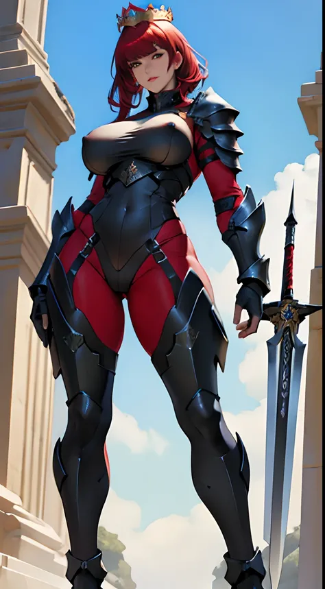 (masterpiece, best quality), adult women with sexy battle armor style, majestic halo style crown at head, (holding 1 big broadsword), thicc body, closed mouth, medium cut hair, crimson hair color, bangs, HD delicated face, gigantic body figure, tall woman,...