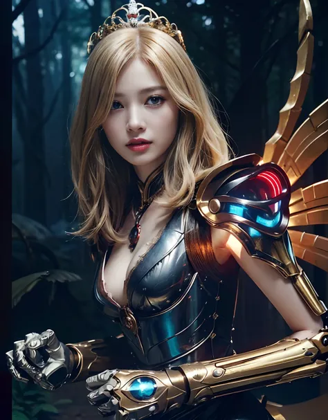 (1 Mechanical Girl)、top-quality、​masterpiece、超A high resolution、(Wearing a crown made of jewels),(Photorealsitic:1.4)、Raw photo、女の子1人、Golden hair、glowy skin、(((1 Mechanical Girl)))、（Realistic dragon background）、（White Dragon Armor）、With a beautiful knife、（...