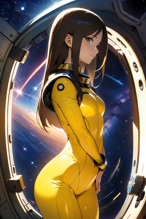 (masterpiece, best quality:1.2), (cowboy shot:1.1), solo, 1girl, mori yuki, slight smile, closed mouth, from side, turned to look at viewer, blonde hair, thigh gap, yellow bodysuit, yellow-gold, skin-tight, perfect body, belt, large window, (starship porth...