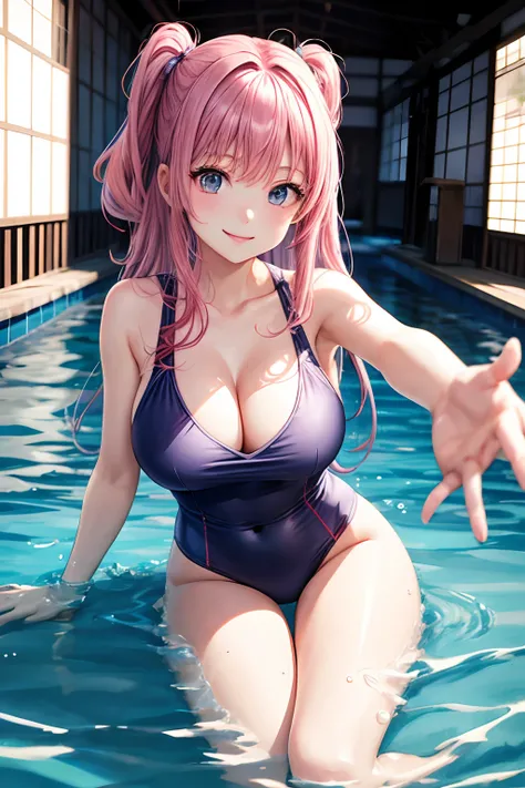 swim wears、hposing Gravure Idol、A pink-haired、masutepiece, Best Quality,  ultra-detailliert, 8K resolution, Raw photo, (1girl in),Large breasts:1.5, gorgeous faces, Japanese and Russian mix, Perfect body, 18year old,, Smile,