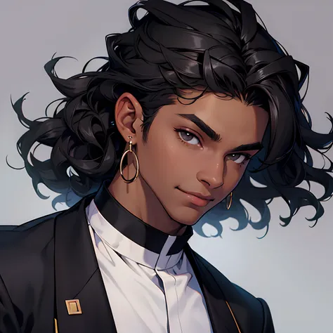 Man, male, dark skin,shiny black eyes, school outfit, black curly hair, wide nose, drop bar earrings, cute face, perfect