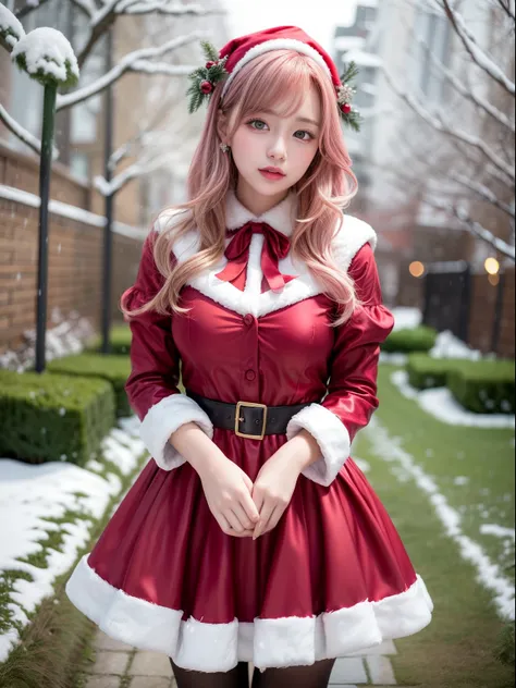 Christmas girl, pink hair Emo Pin up Girl, red christmas dress, Striking a pose, natural make up, skinny innocent, in a snowy garden, heavenly, midshot, centered image, good girl, innocent girl