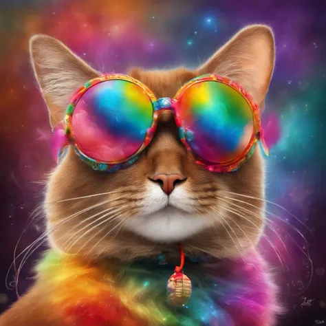 Spectacular Full body view of a super adorable and captivating rainbow colored fluffy bold flowery hipster Burmese cat surfing a wave in vibrant collage fashion, modeling retro flair against a polychromatic dreamscape. Posing with diamond ukulele, Textured...