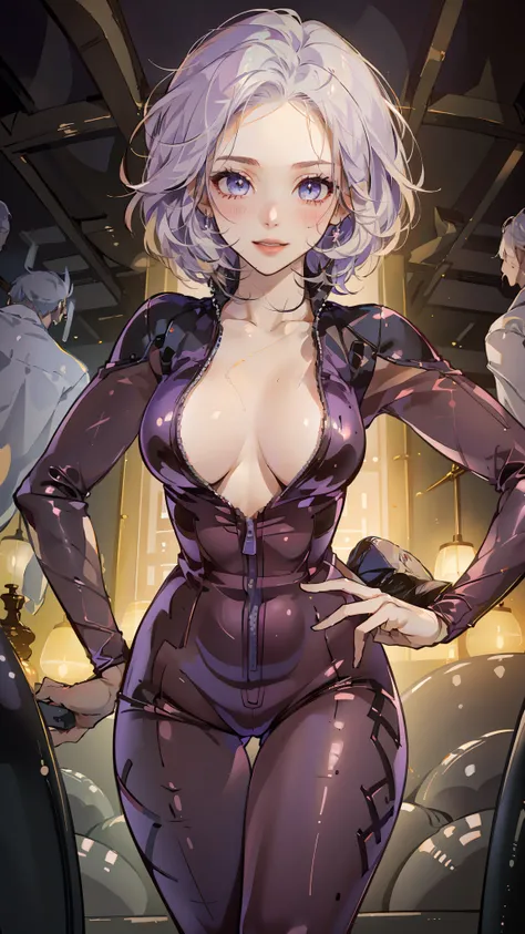 ((((masterpiece, best quality, high resolution)))), (1girl:1.5), white hair, short wavy hair, bob cut, purple eyes, (large breasts: 1.2), blushing, light smile, parted lips, glow, thighs, bare shoulders, collarbone, narrow waist, cleavage, (beautiful detai...