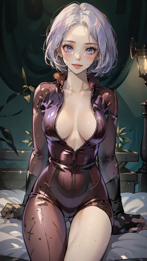 ((((masterpiece, best quality, high resolution)))), (1girl:1.5), white hair, short wavy hair, bob cut, purple eyes, (large breasts: 1.2), blushing, light smile, parted lips, glow, thighs, bare shoulders, collarbone, narrow waist, cleavage, (beautiful detai...