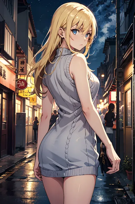 master piece, best quality, ultra detailed, 1 woman, 30 years old, blonde long hair, sleeveless sweater, beautiful eyes, angry, beautiful night sky, city, shibuya, back alley