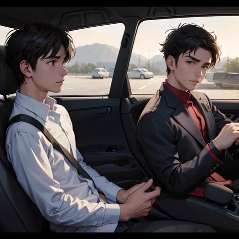 Two 15-year-old men .sitting in a car watching a TV screen, highlight scene of the movie, screenshot from a movie, still from a live action movie, still from a movie, scene from live action movie, Still frame of a movie, still from movie, scene of a movie,...