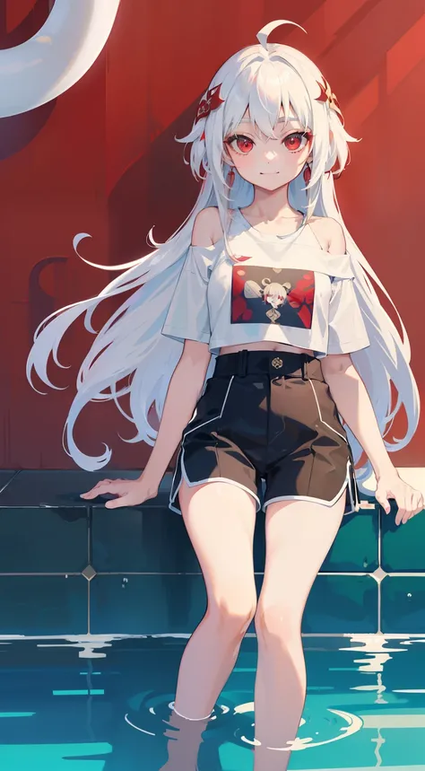 ((masterpiece)), ((high detail)), 1girl,  ((ultra-detailed)),((delicate face)),  Beautiful detailed eyes, doff red eyes, gradient hair,hairs between eyes,white hair, long hair,red eyes,genshin_impact,pool background, standing, smiling face,((Happy face)),(...