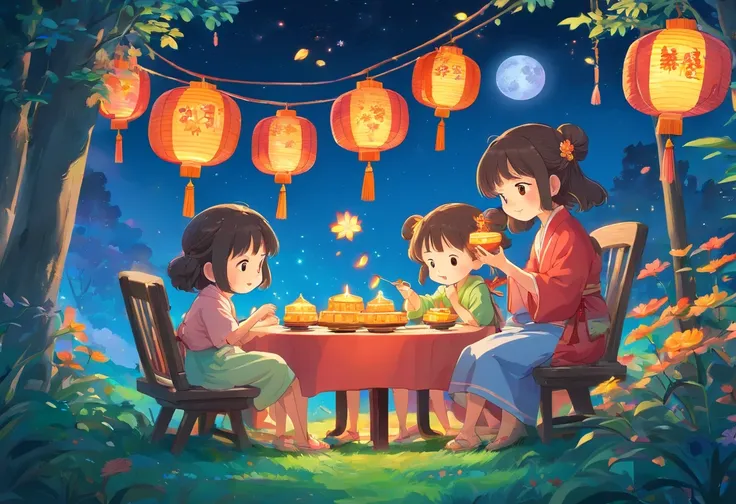 Eat mooncakes together during the Mid-Autumn Festival，In the garden，Colorful lanterns，Mid-Autumn Festival，full moon，Cartoon picture Normal background, A beautiful artwork illustration, Colorful illustration, colorful kids book illustration, Colorful illust...