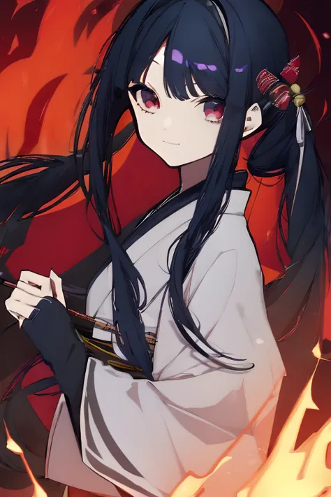 1girl, young girl, masterpiece, high quality, dark blue hair, bangs, red eyes, twintail, long hair, (in the fire), wearing a jap...