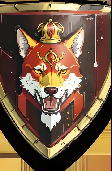 Red shield, gold ornaments, Cerberus shield, three headed dog crest