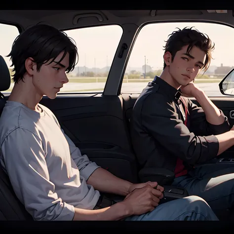 Two 15-year-old men .sitting in a car watching a TV screen, highlight scene of the movie, screenshot from a movie, still from a live action movie, still from a movie, scene from live action movie, Still frame of a movie, still from movie, scene of a movie,...