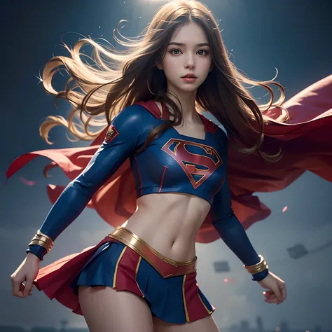 (1girl), solo,  long hair, full body, supergirl, crop top