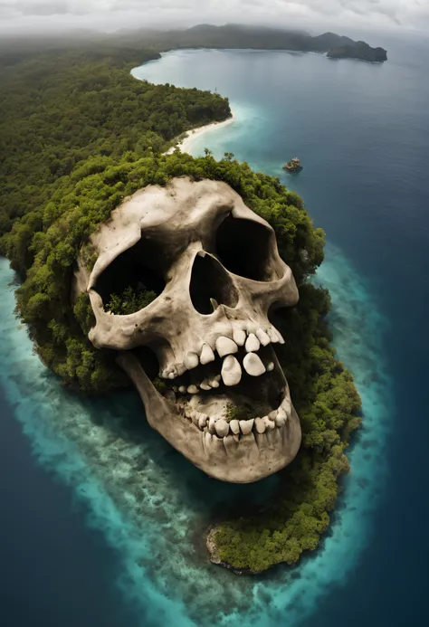 (((from below)))an island in the middle of the sea in the shape of a skull, some of which are under the sea