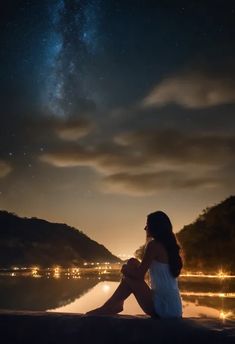 a beautiful chirl girl, sit and looking the sky with a beautiful starlight at night