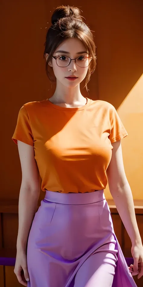 1girl, (orange t-shirt, purple long skirt),brown hair,Bun hair,red glasses,standing A room, detailed face, detailed eyes, huge breasts, shiny skin, looking at the audience, (8k, RAW photo, best quality, masterpiece: 1.2), (realistic, realistic: 1.37), ultr...