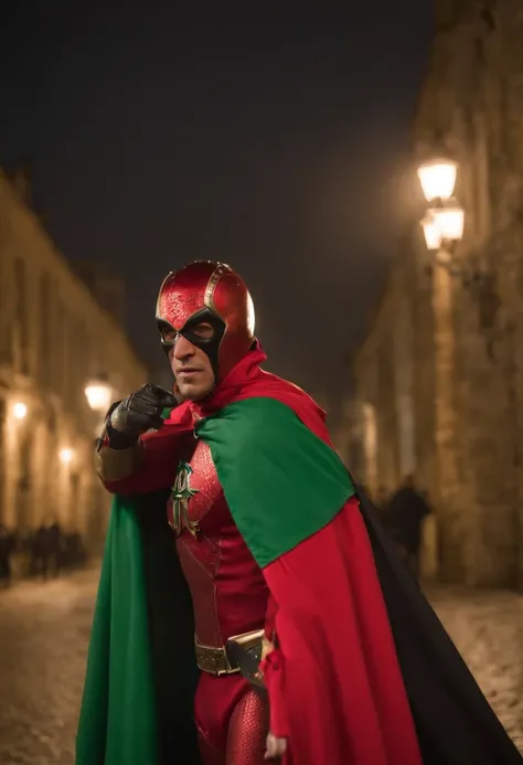 An highly detailed image of a Portuguese superhero dressed in a red and green armor suit, with a black cape and hood covering his face. He has a shield on his chest, with the quinas and castles of Portugal. He is on top of a red motorcycle, Lisbon, at nigh...