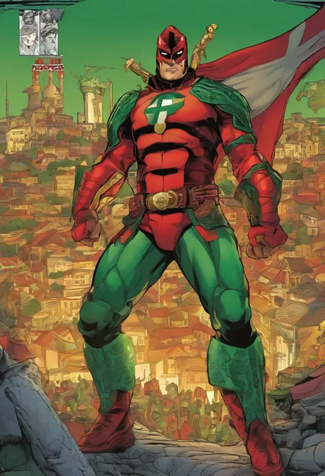 A highly detailed image of a Portuguese superhero dressed in a red and green armor suit, com uma capa preta e capuz cobrindo seu rosto. Ele tem um escudo no peito, com as quinas e castelos de Portugal. Hes on top of a red motorcycle, Lisboa, at night, surr...