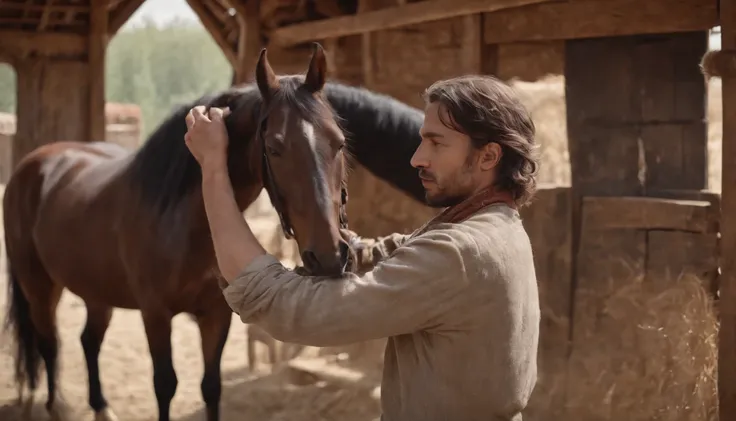 medieval hungarian young gypsy man works in stables, tending to dark coated Furioso North Star Mare Horse, daytime, ultrarealistic, textured skin, ultradetailed