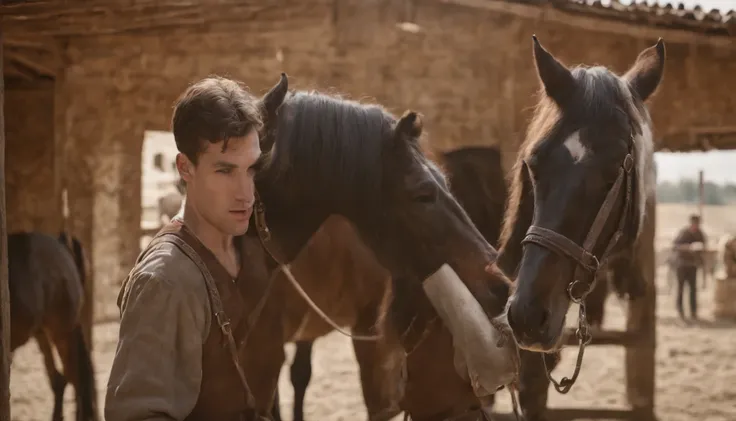 medieval hungarian young gypsy man works in stables, tending to dark coated Furioso North Star Mare Horse, daytime, ultrarealistic, textured skin, ultradetailed