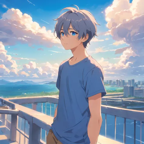 Libido boy，Handsome，blue color eyes，Gray hair，high qulity，High picture quality，The background is sky and clouds