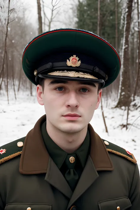 masterpiece, best quality,  hd, realistic, 80mm, 1man, 25 y.o, British man, black hair, wear Soviet military uniform, ushankahat, Russia, Russia jungle, snow, Snowy jungle