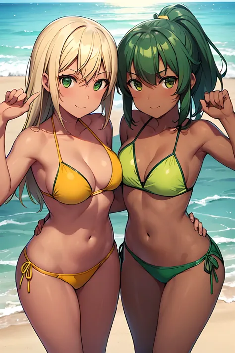 Two tanned skinned girls in green and yellow bikini standing on the beach victory pose