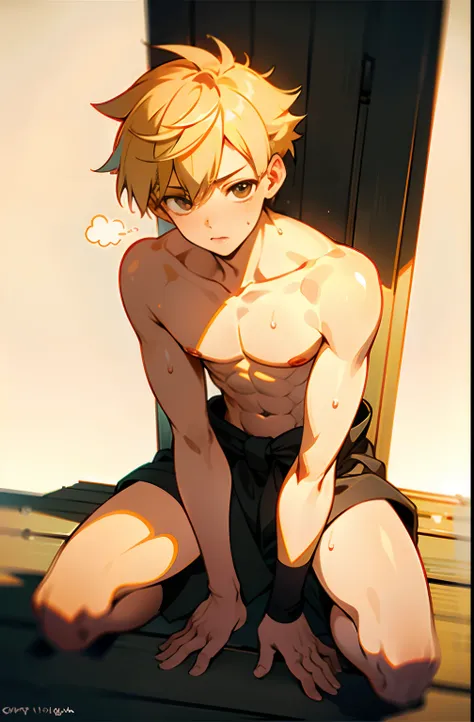 masterpiece, best quality, high quality,  1boy,10yo, , duo, male focus, full body, looking at viewer, light yellow hair, brown eye,spiky hairstyle, short hair, steam smork, japan style,  anime coloring, shy, home muji style, detailed face, topless, white t...