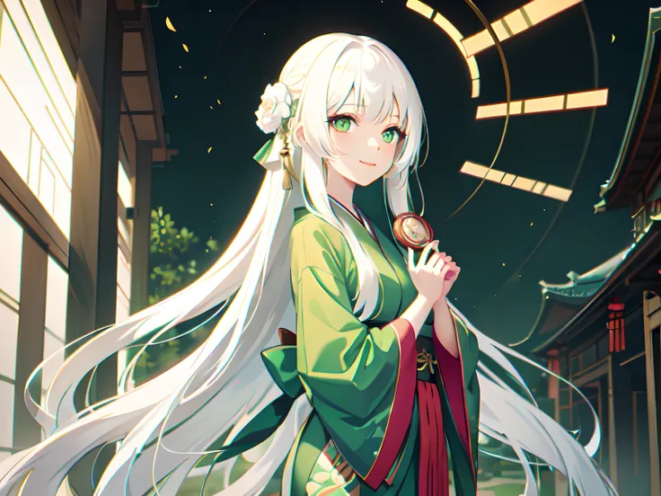 1girl, long hair, white hair, straight hair, green eyes, kimono, green clothes, masterpiece, wallpaper, portrait, pantyhose, green light, temple background , smile, closed mouth,