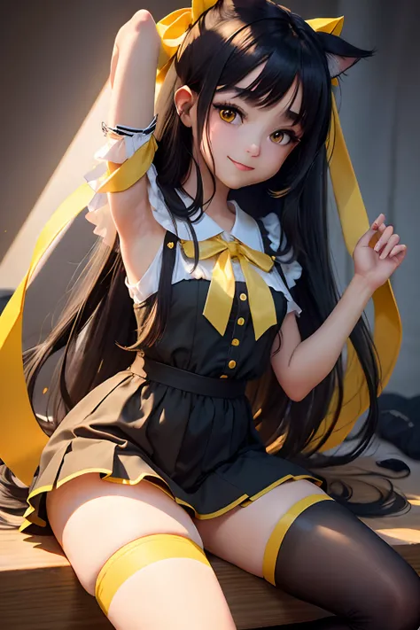 Obra maestra, best quality, teenager, long_black_tail_hair, 1girl, yellow_eyes, (loli_girl), armpit, big_legs, long_socks_thighs, shorts_dress, big_hips, ribbon_hair, stand_up, smile.