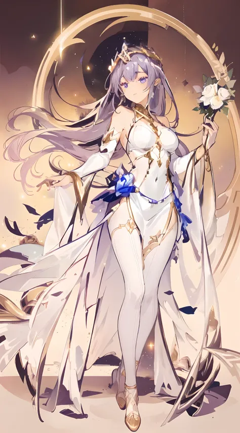 a woman in a white dress holding a flower and a sword, anime goddess, beautiful celestial mage, goddess of galaxies, ((a beautif...