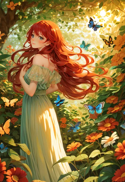 uma menina com olhos verdes, staring into the distance, em um jardim vibrante. the girl has long flowing red hair cascading down...