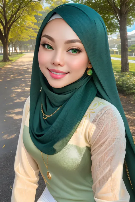 masterpiece, best quality, ultra-detailed, beautiful lighting, malay Woman in hijab, tight jeans, (green eyes:1.3), (white sweater:1.2), turtleneck, standing up, in park, beautiful scenery, slight blush, smiling, (cute smile:1,1), (glossy lips:1.1), (beaut...