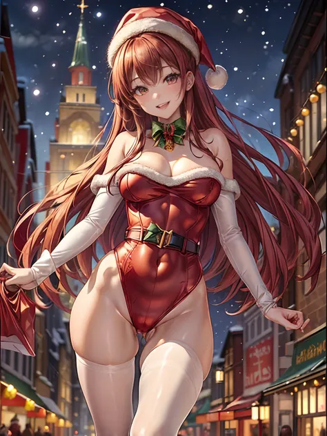 top-quality、Full limbs、complete fingers、Slender beauty、straight haired、Red hair、Beautiful Large Breasts、(Detailed ultra-oily shiny skin:1.1)、oily shiny thighs、(Perfect bright red Santa Claus leotard:1.3)、((Brown pantyhose))、Wearing a Santa Claus hat、((Wear...