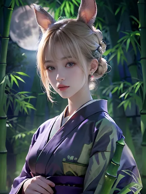 8K, Raw photo, Photorealistic, (Detailed skin, Best Quality:1.2), ((purple kimono)), (light blonde  updo hair:1.3, short bangs), Teenage Japanese girl in dark forest at night, (baby face, Neat face, Fairer skin), (Bamboo forest, background large full moon:...