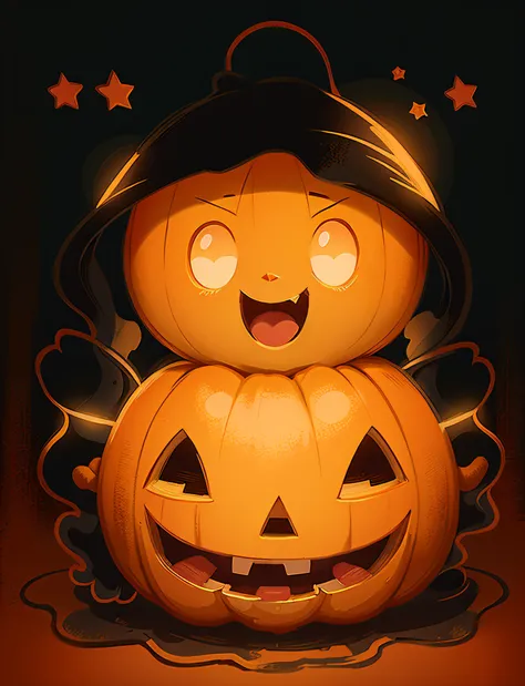 Orange and white poster, Cute ghosts, jack-o-lanterns, Star, Clean background, black background