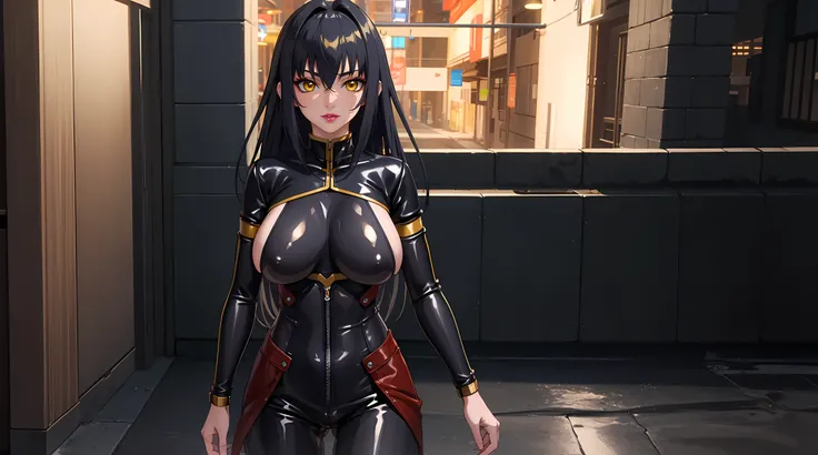 (masterpiece:1.4),(best quality:1.4),  soft lighting, cinematic bloom, beautiful face, beautiful eyes, cowboy shot,
Annerose, 1girl, solo, female mature, black hair, long hair, (yellow eyes:1.4), large breasts, bodysuit, higheels, shiny clothes, skin tight...