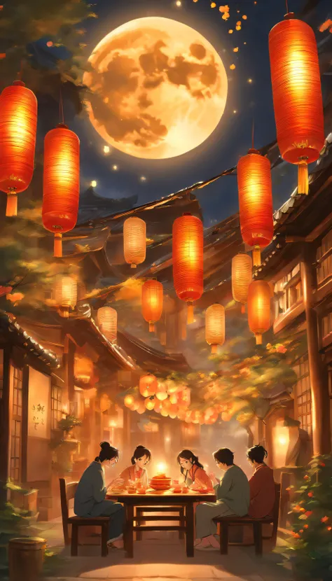 The family sits together, Enjoy a festive dinner, Surrounded by a warm and comfortable atmosphere. The room was beautifully decorated，Equipped with lanterns, Symbolizes the joy of the Mid-Autumn Festival. The table is filled with a variety of delicacies, I...