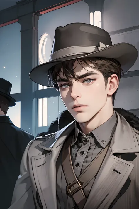 masterpiece, best quality, realistic, 1man, mature male, quiet and charming young man, 25 years old, close his eyes, serious look, extremely detailed face, ((dark grey eyes)), ((short-right-swept dark brown hair)), [thick eyebrows], detective, ((Dressed in...