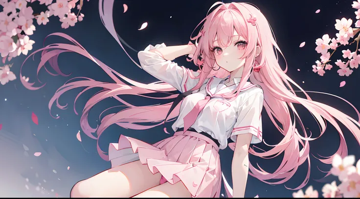 Two-dimensional anime wallpaper，Long pale pink hair，，Cherry blossom hair accessories，girl，White short-sleeved tie-style school uniform，The arm is wrapped in a bandage，Light gray miniskirt，Black panty，Bandages wrapped around his head，Medium build，The hair i...