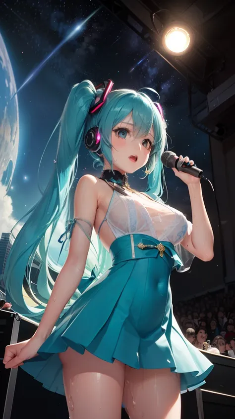 {{Masterpiece}},(hatsune miku,The girl as the subject of the image,Cowboy shot,Sing with microphone in hand,En plein air,Stand on the concert stage,Focus on the spotlight,in Baroque architecture,Sunlight,Cyberpunk open-air scene(Multimedia speakers+Intelli...