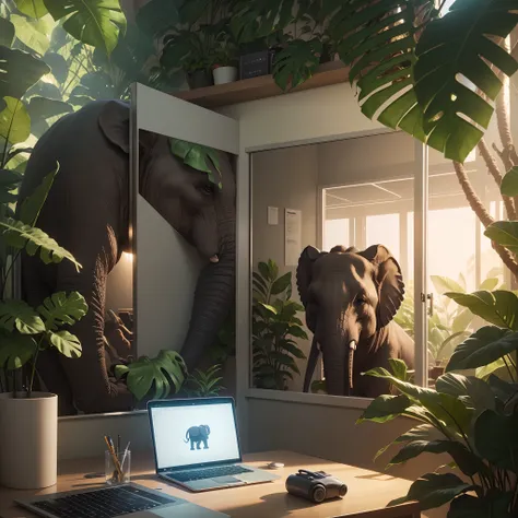 Office project team in a office attair working on a laptop in jungle, elephants are behind, 8k, micro detail, illustration, instinct elegance