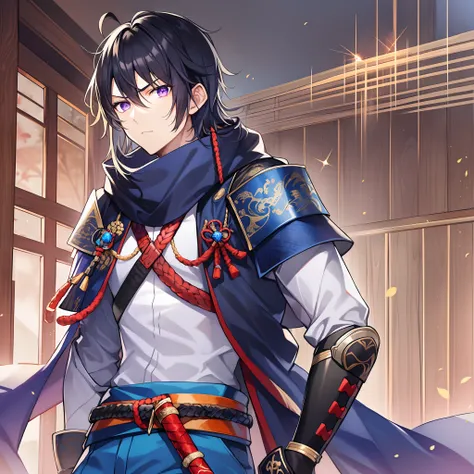 1 boy, young man, black hair, long hair, purple eyes, white skin, serious look. Ronin suit, samurai suit, orange scarf, dark blue pants, dark blue gloves, blue belt. Accesories, 2 swords, swords in their scabbard, red and black scabbard. Scenery, nice dojo...