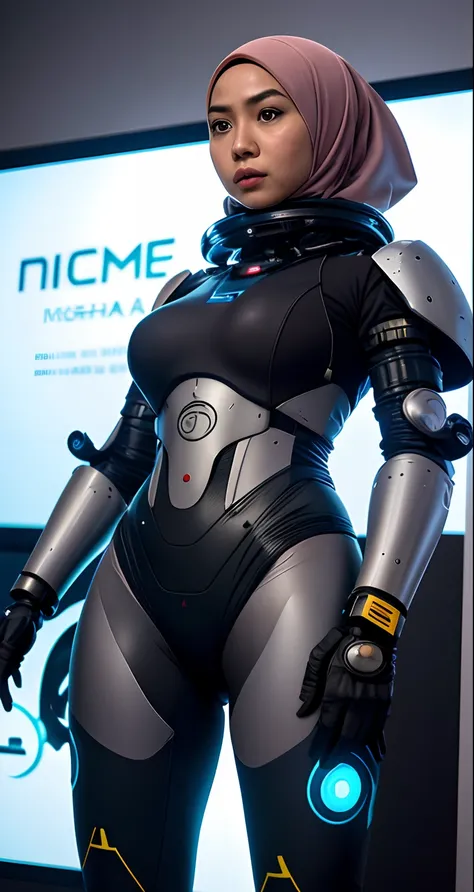 Imagine the Malay girl in hijab in a futuristic command center, strategically coordinating her mecha suits actions to respond to a crisis, showcasing her leadership and intelligence