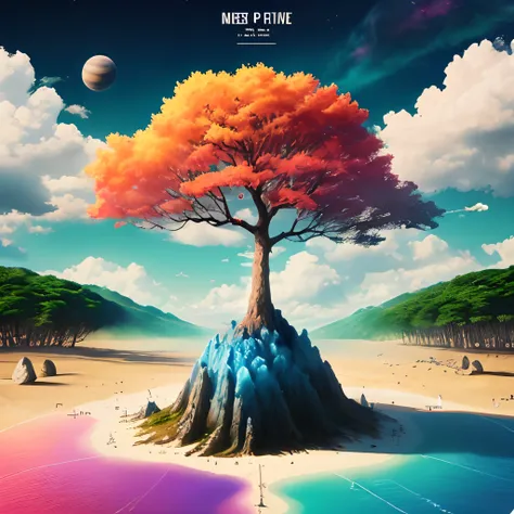 Create a planet scene as a poster, pumice, waters, Colorful forest, Colorful plants, Birds, giant tree, Blue skies, ​​clouds, vivd colour, Vivid colors, Spiritual world, rejoice, fanciful, The poster has the word Lin on it