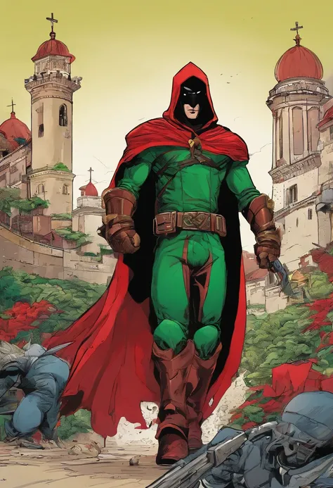 An highly detailed image of a Portuguese superhero dressed in a dark red and dark green armor suit, with a black cape and hood covering his face. He has a shield on his chest, with the quinas and castles of Portugal. He is on top of a red motorcycle, Lisbo...